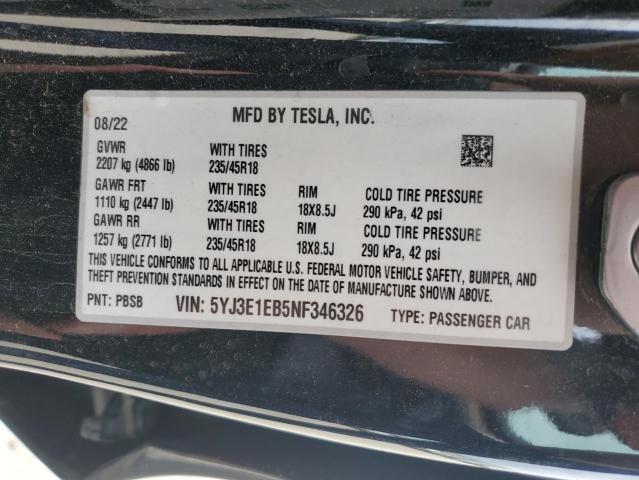 VIN 5YJ3E1EB5NF346326 2022 Tesla MODEL 3 no.12