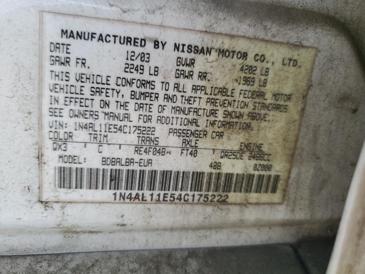 1N4AL11E54C175222 2004 Nissan Altima Base