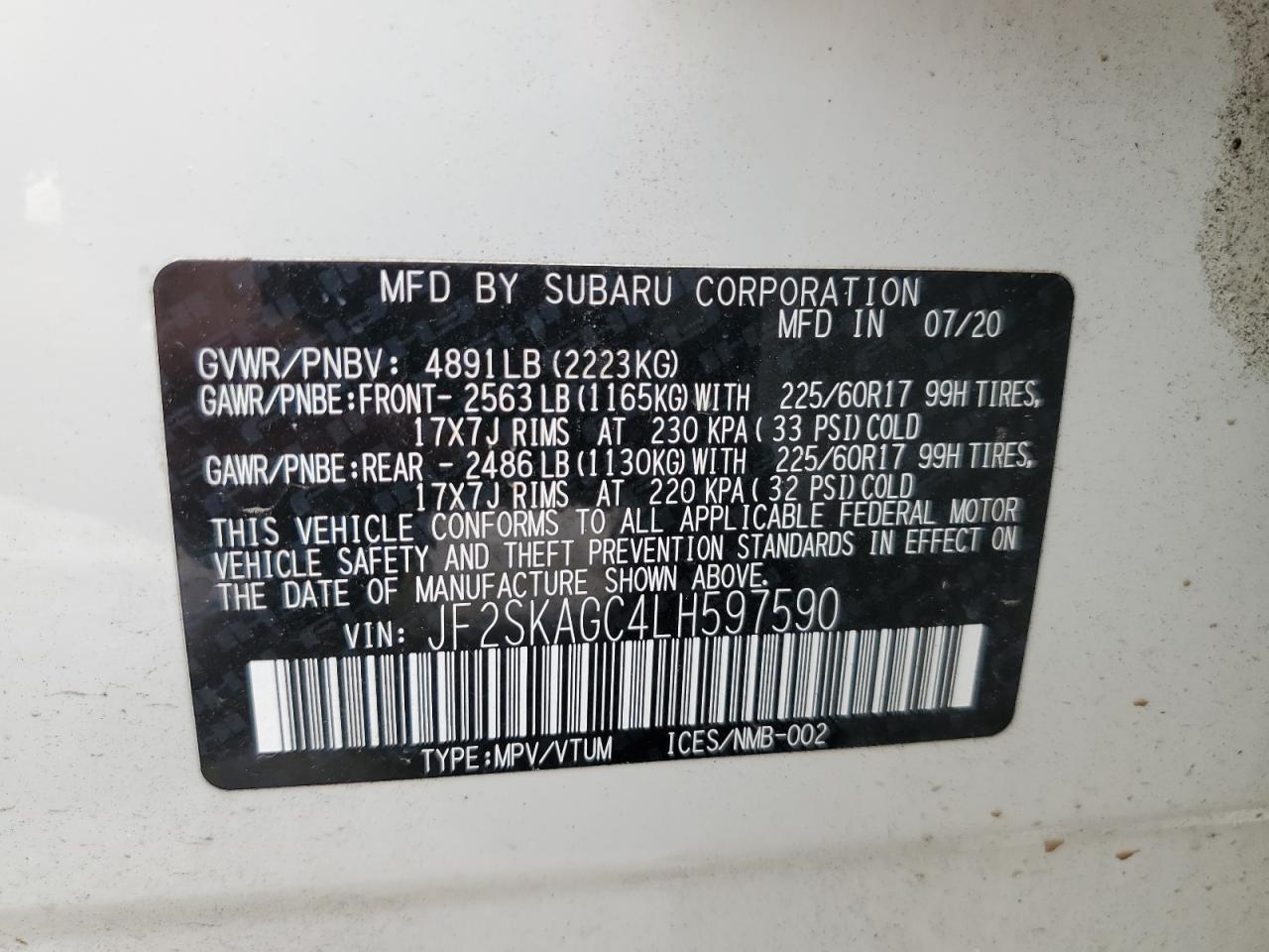 JF2SKAGC4LH597590 2020 Subaru Forester Premium