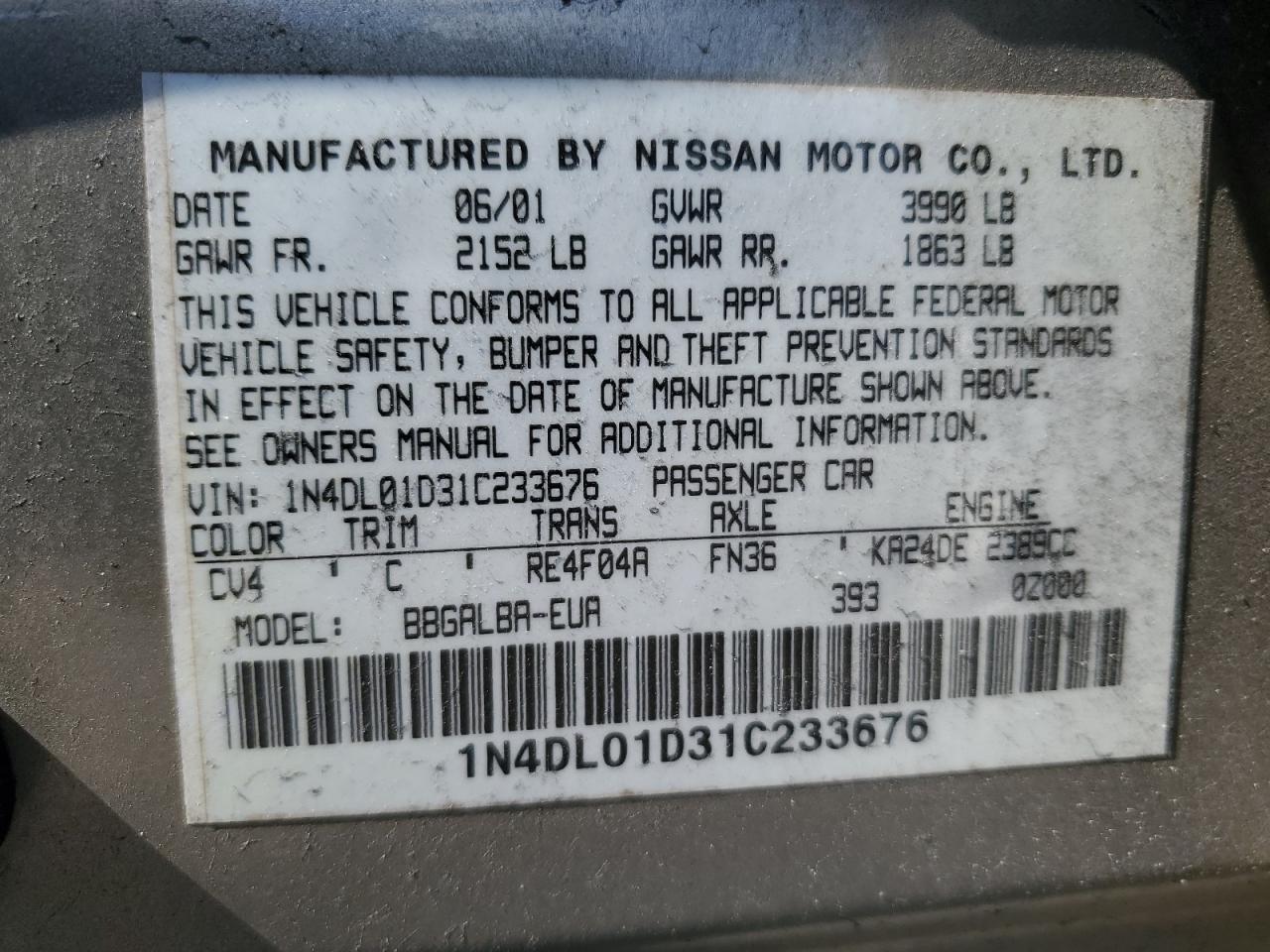 1N4DL01D31C233676 2001 Nissan Altima Xe