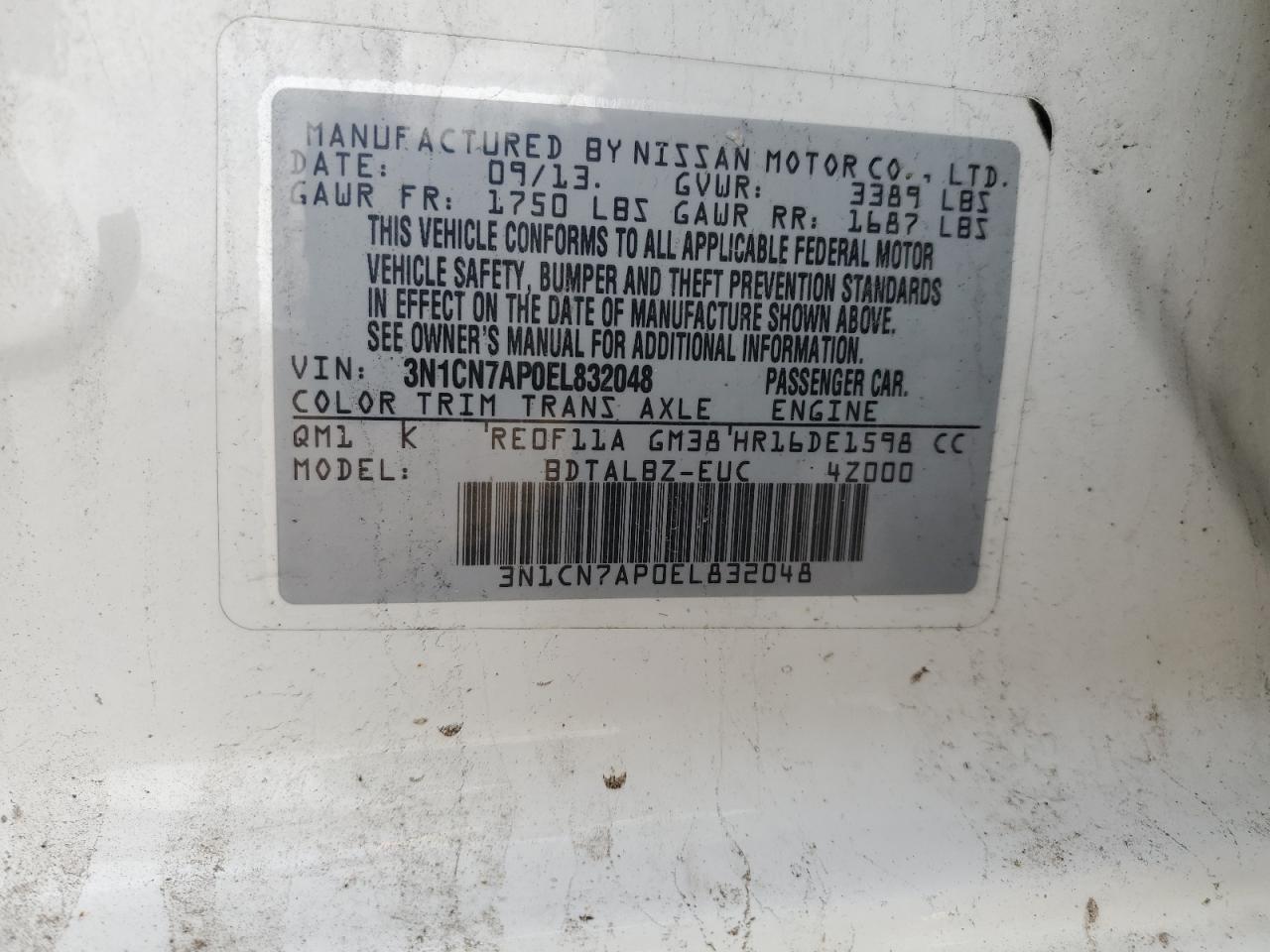 3N1CN7AP0EL832048 2014 Nissan Versa S