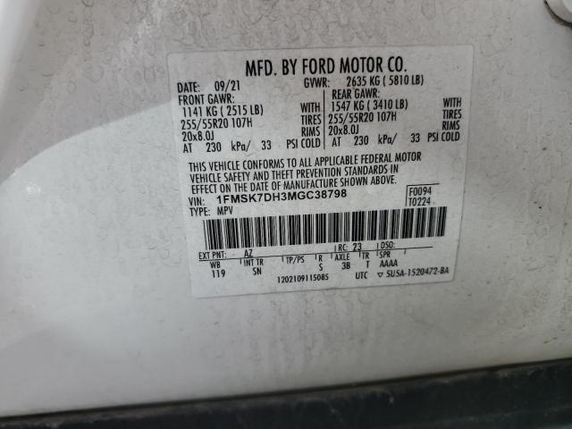 2021 Ford Explorer Xlt VIN: 1FMSK7DH3MGC38798 Lot: 52797124