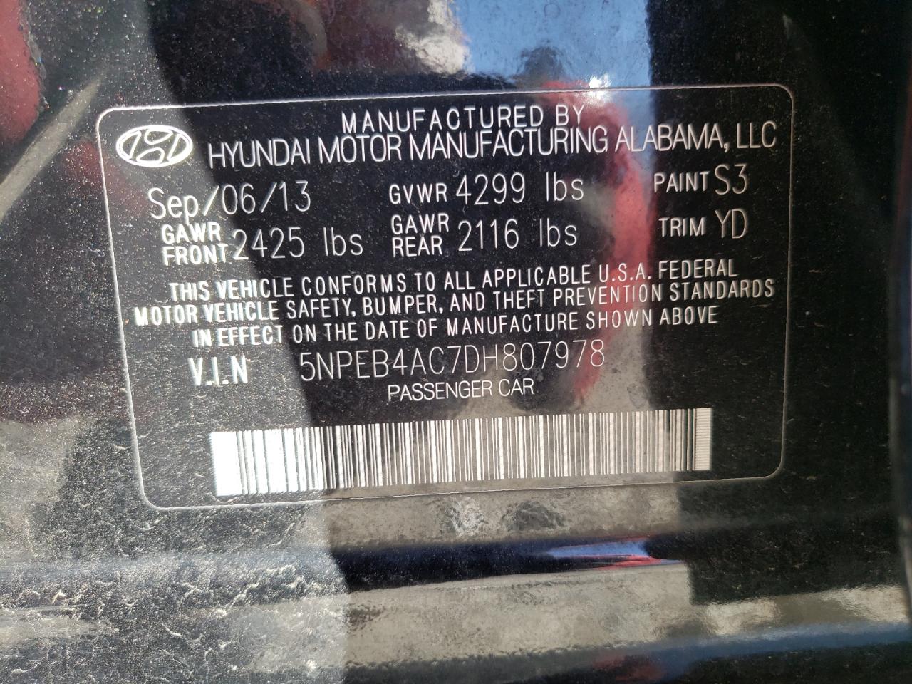 5NPEB4AC7DH807978 2013 Hyundai Sonata Gls