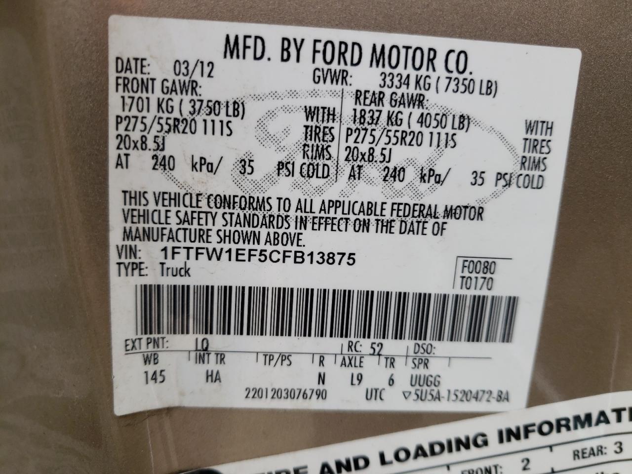 1FTFW1EF5CFB13875 2012 Ford F150 Supercrew