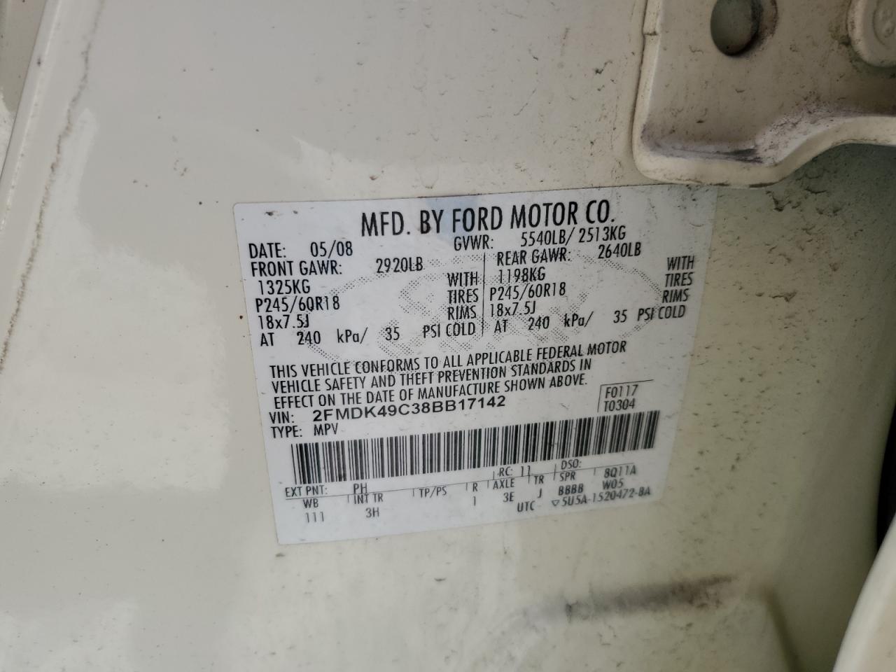 2FMDK49C38BB17142 2008 Ford Edge Limited