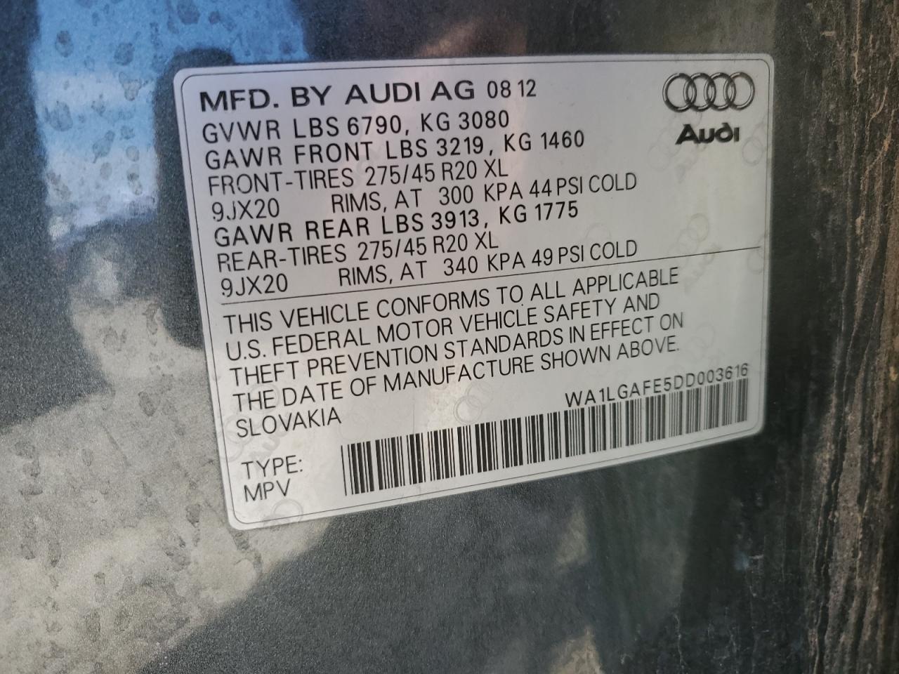 2013 Audi Q7 Premium Plus vin: WA1LGAFE5DD003616