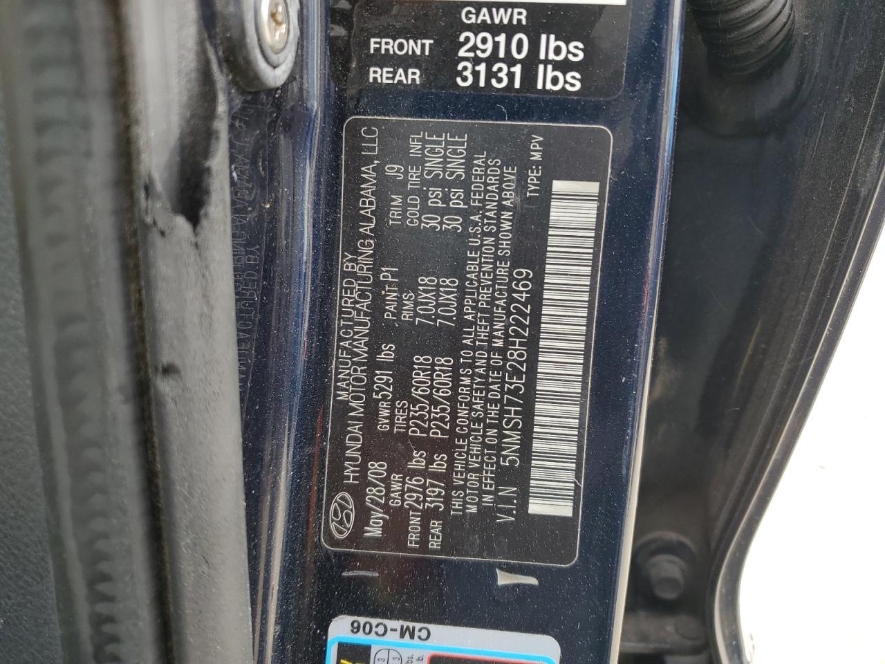 5NMSH73E28H222469 2008 Hyundai Santa Fe Se