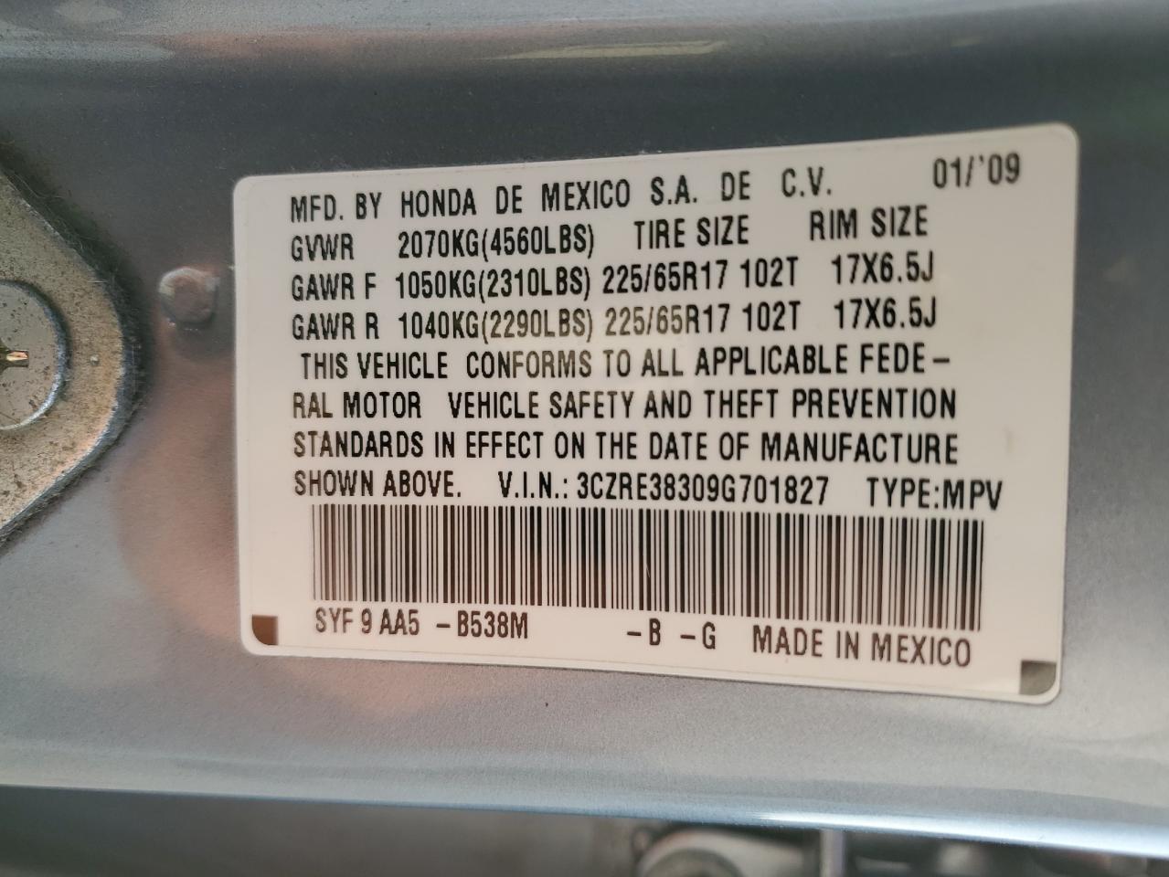 3CZRE38309G701827 2009 Honda Cr-V Lx