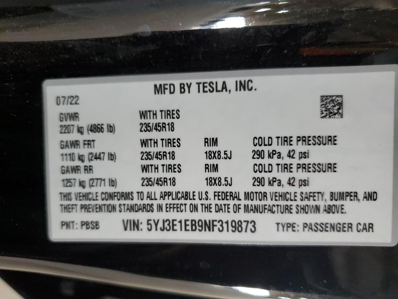 5YJ3E1EB9NF319873 2022 Tesla Model 3