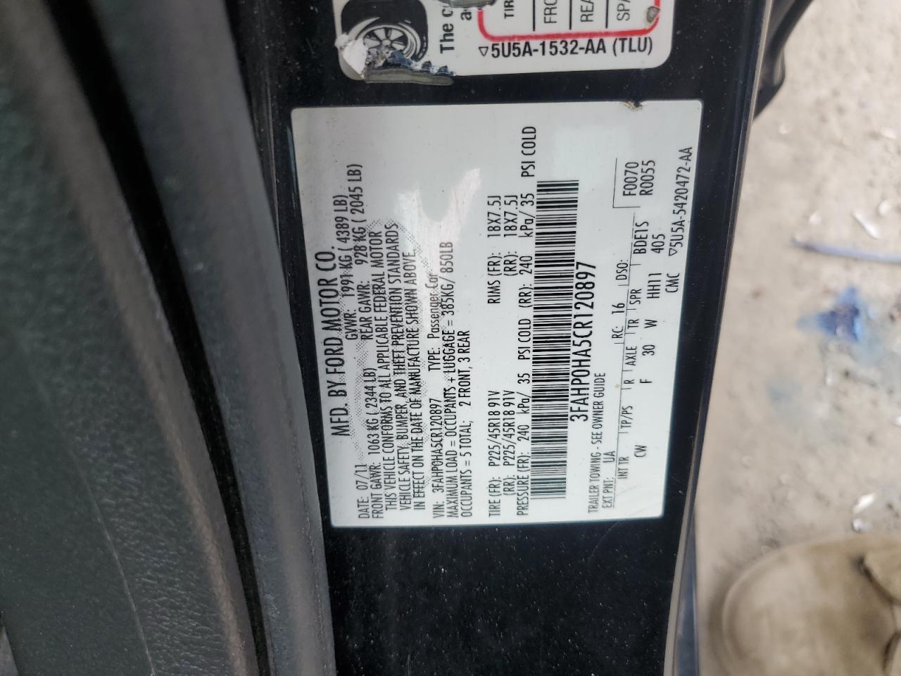 2012 Ford Fusion Se vin: 3FAHP0HA5CR120897