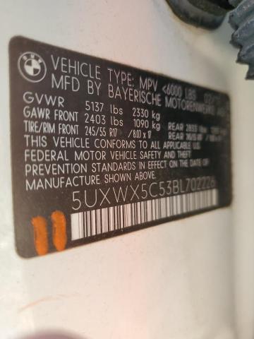 2011 BMW X3 xDrive28I VIN: 5UXWX5C53BL702226 Lot: 52181354