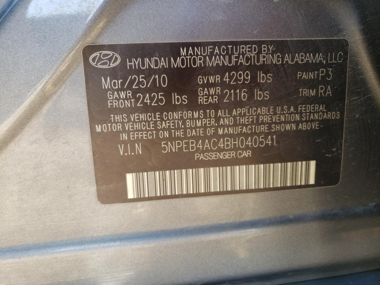 5NPEB4AC4BH040541 2011 Hyundai Sonata Gls