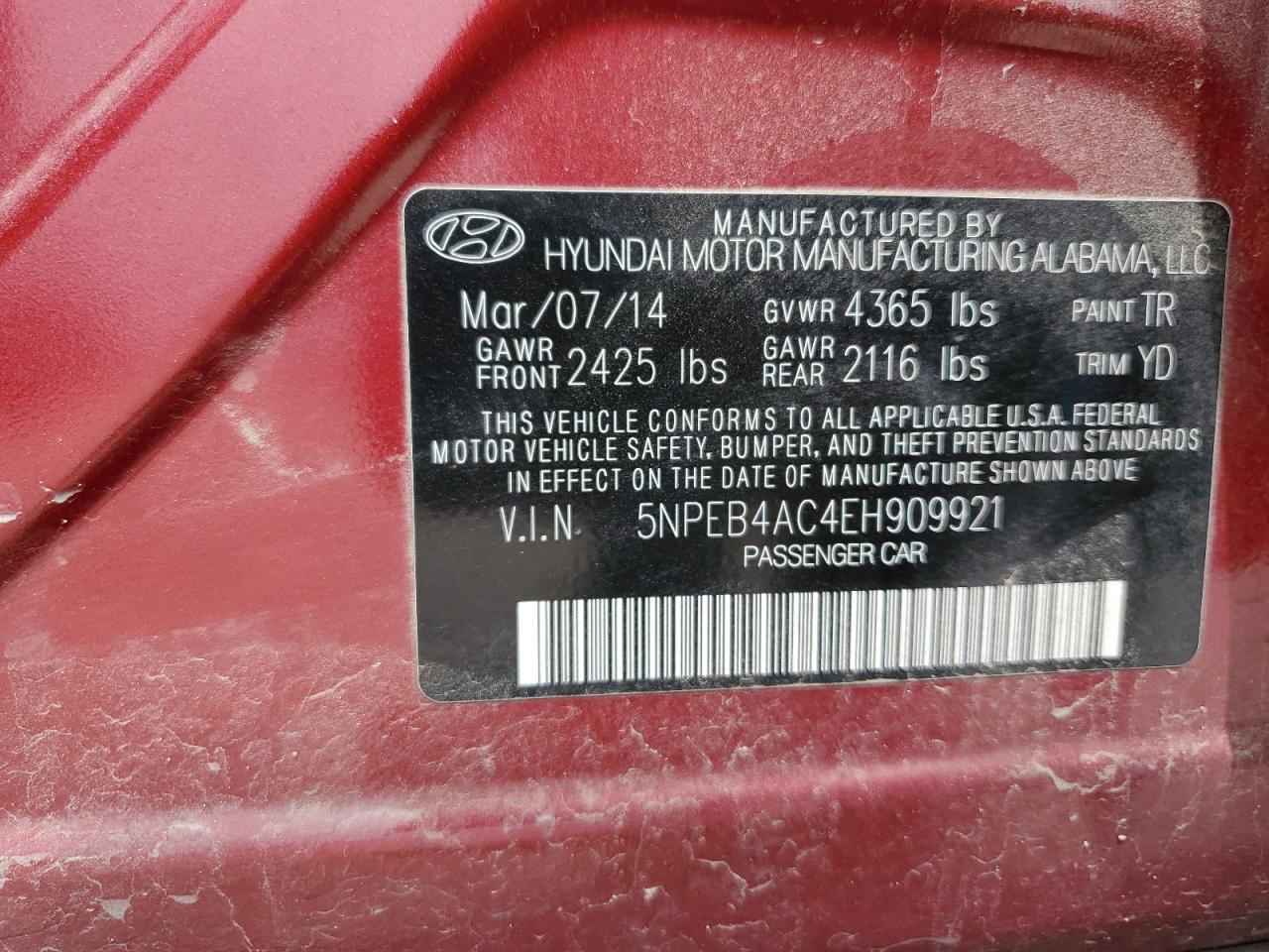 5NPEB4AC4EH909921 2014 Hyundai Sonata Gls