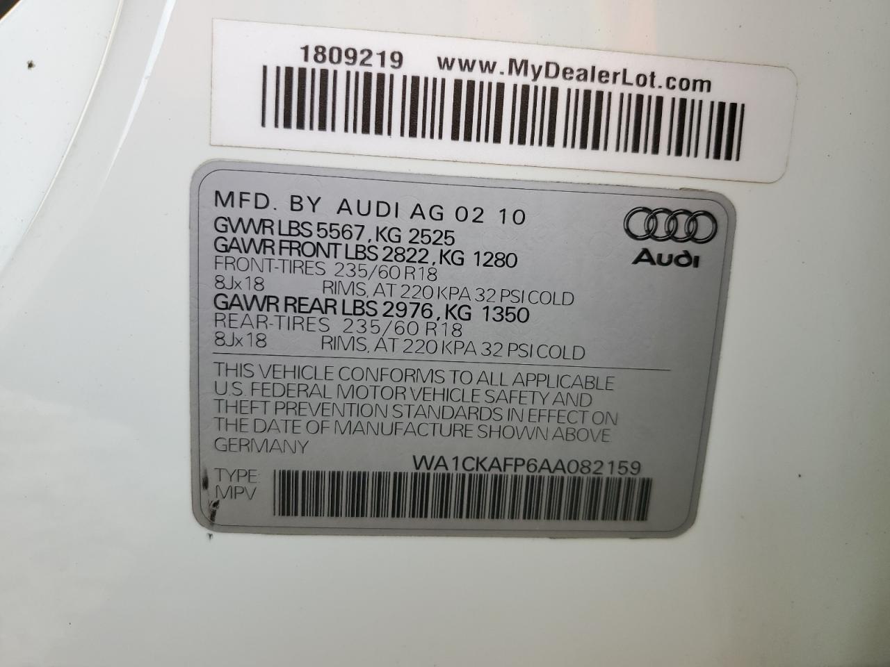 WA1CKAFP6AA082159 2010 Audi Q5 Premium