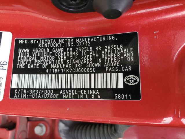 2012 Toyota Camry Base VIN: 4T1BF1FK2CU600890 Lot: 52163214