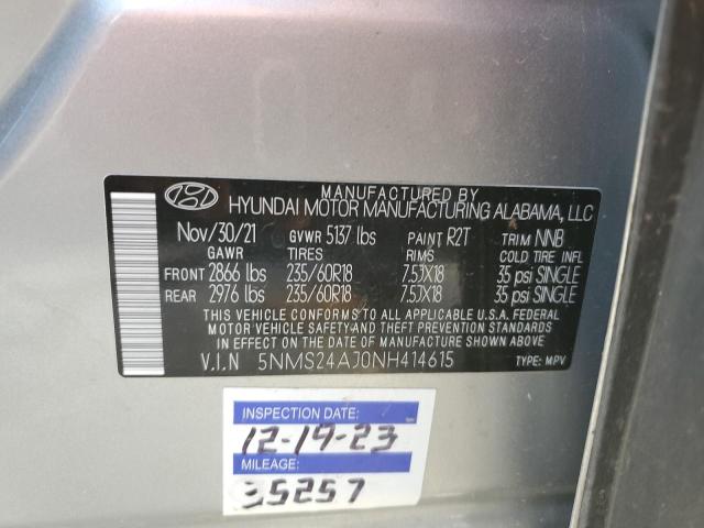 2022 Hyundai Santa Fe Sel VIN: 5NMS24AJ0NH414615 Lot: 51661214