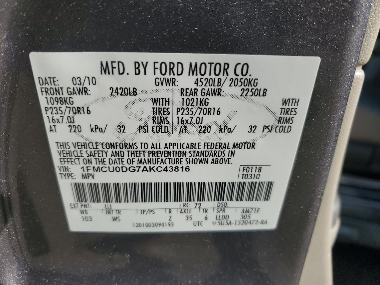 1FMCU0DG7AKC43816 2010 Ford Escape Xlt