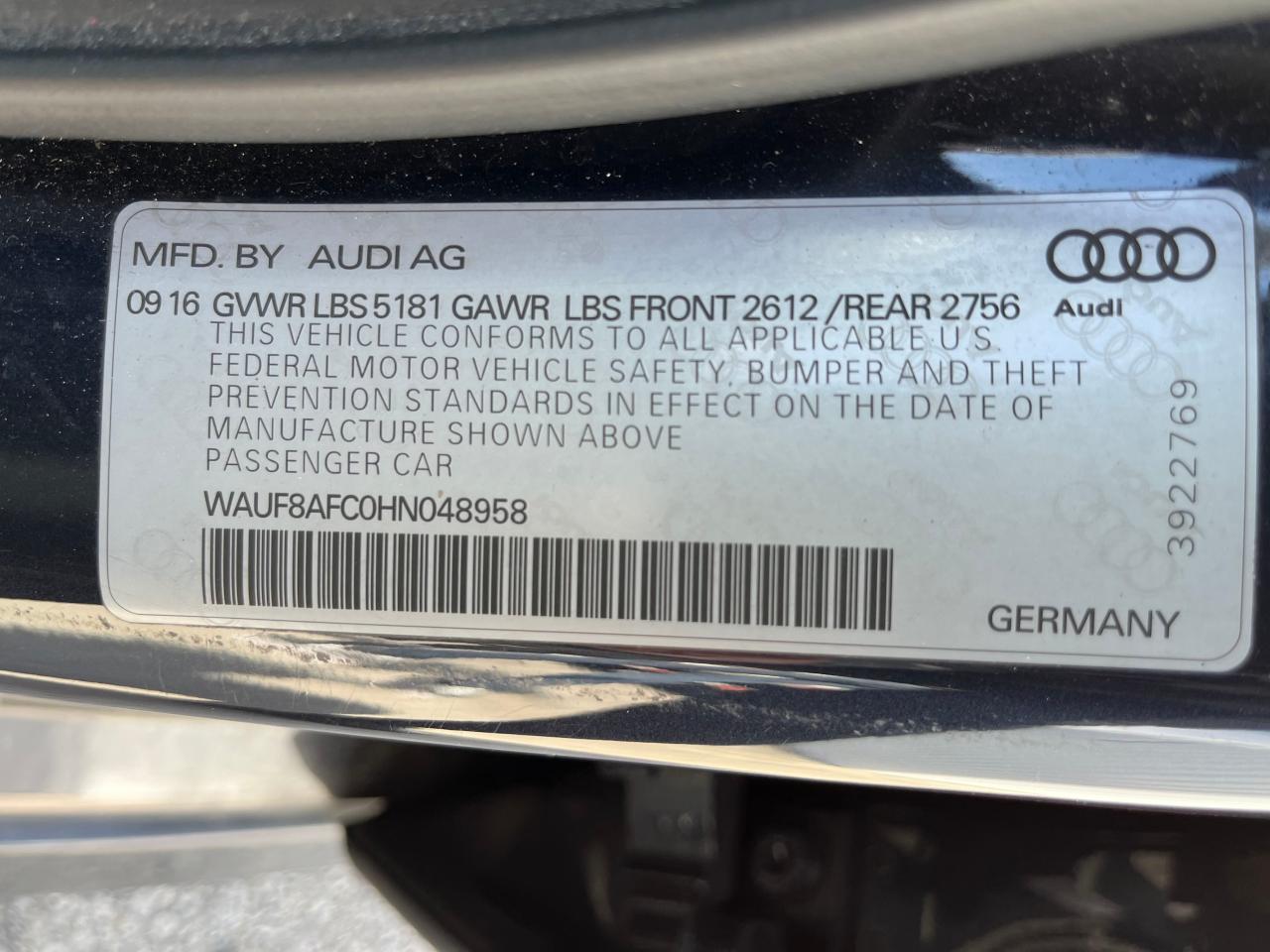 WAUF8AFC0HN048958 2017 Audi A6 Premium