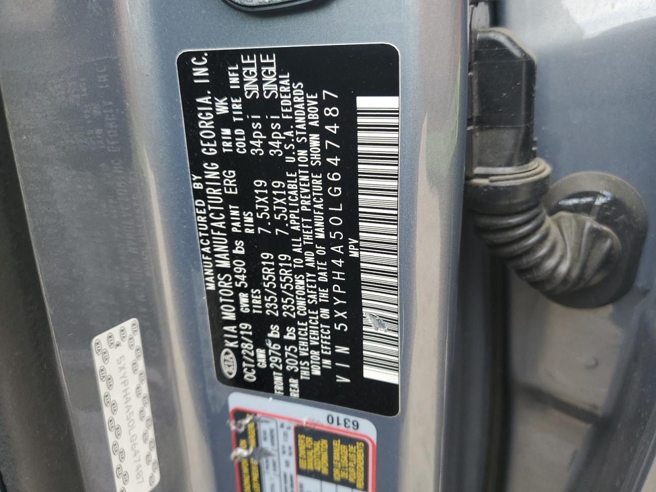 5XYPH4A50LG647487 2020 Kia Sorento Ex