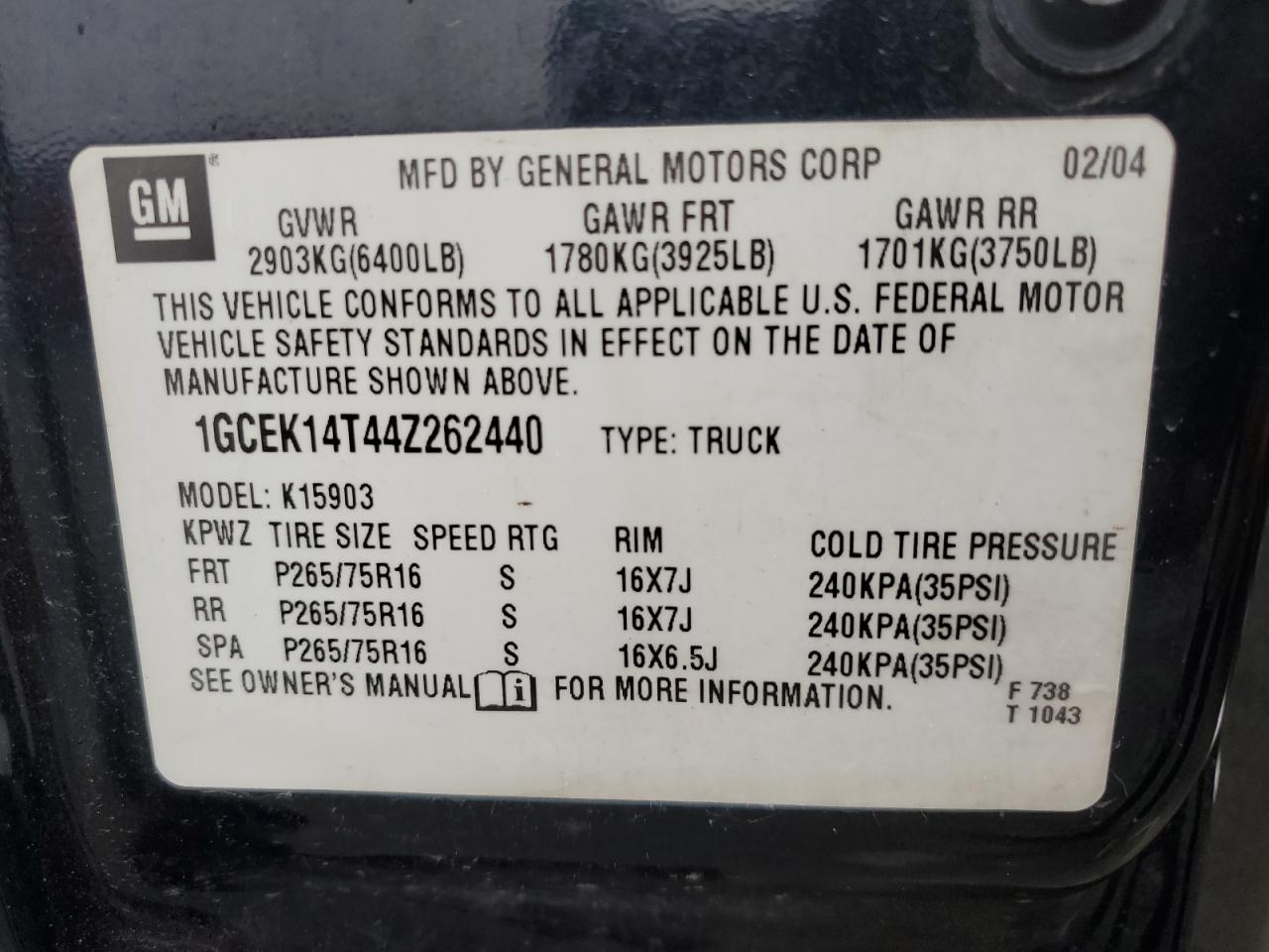 1GCEK14T44Z262440 2004 Chevrolet Silverado K1500