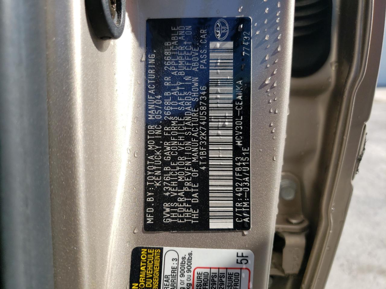 4T1BF32K74U587346 2004 Toyota Camry Le
