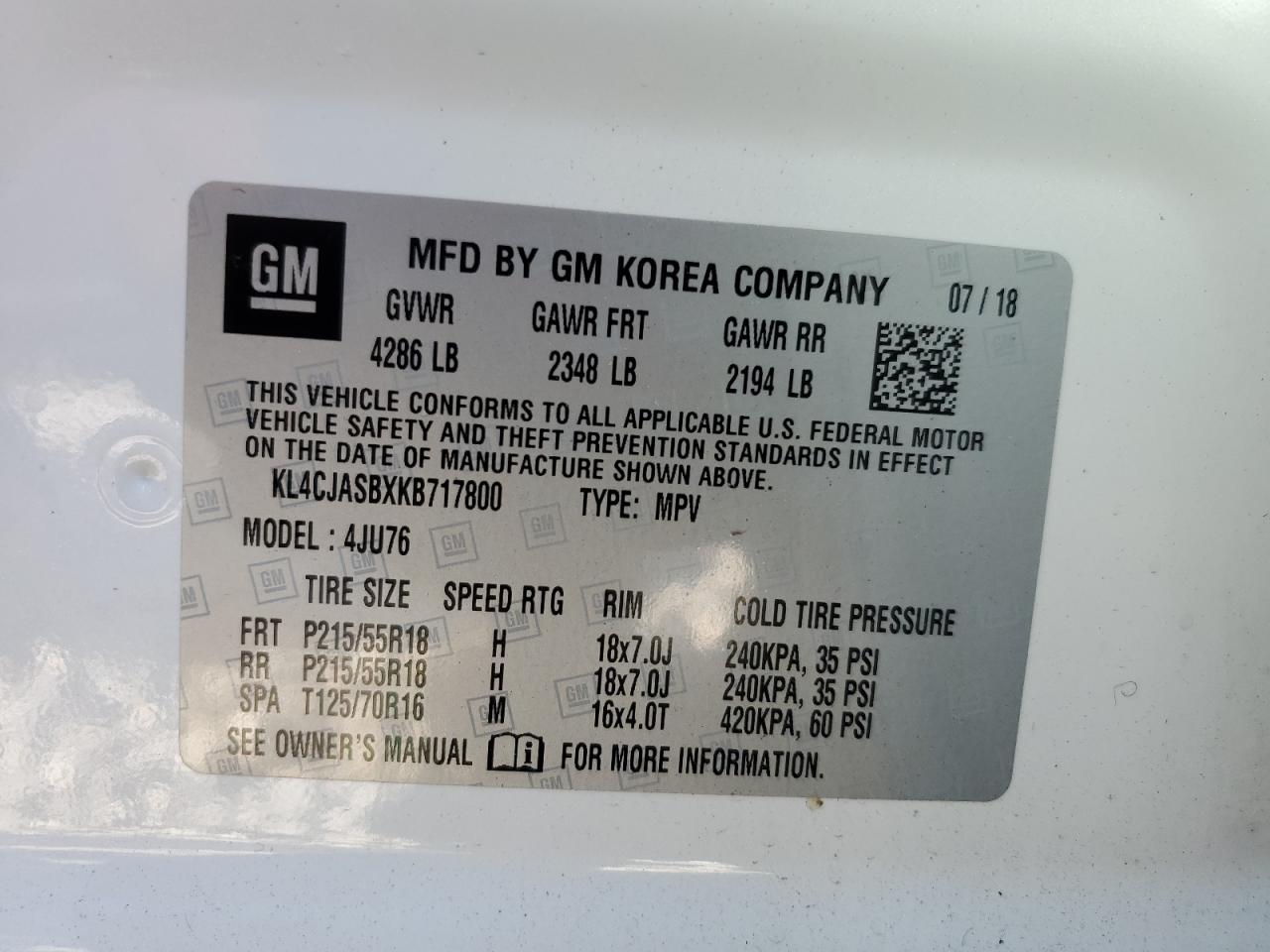 KL4CJASBXKB717800 2019 Buick Encore Preferred