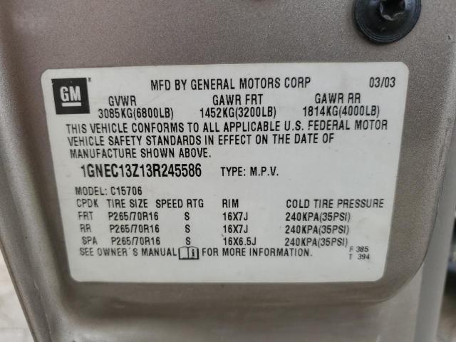 2003 Chevrolet Tahoe C1500 VIN: 1GNEC13Z13R245586 Lot: 52180134