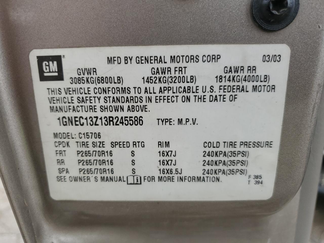 1GNEC13Z13R245586 2003 Chevrolet Tahoe C1500