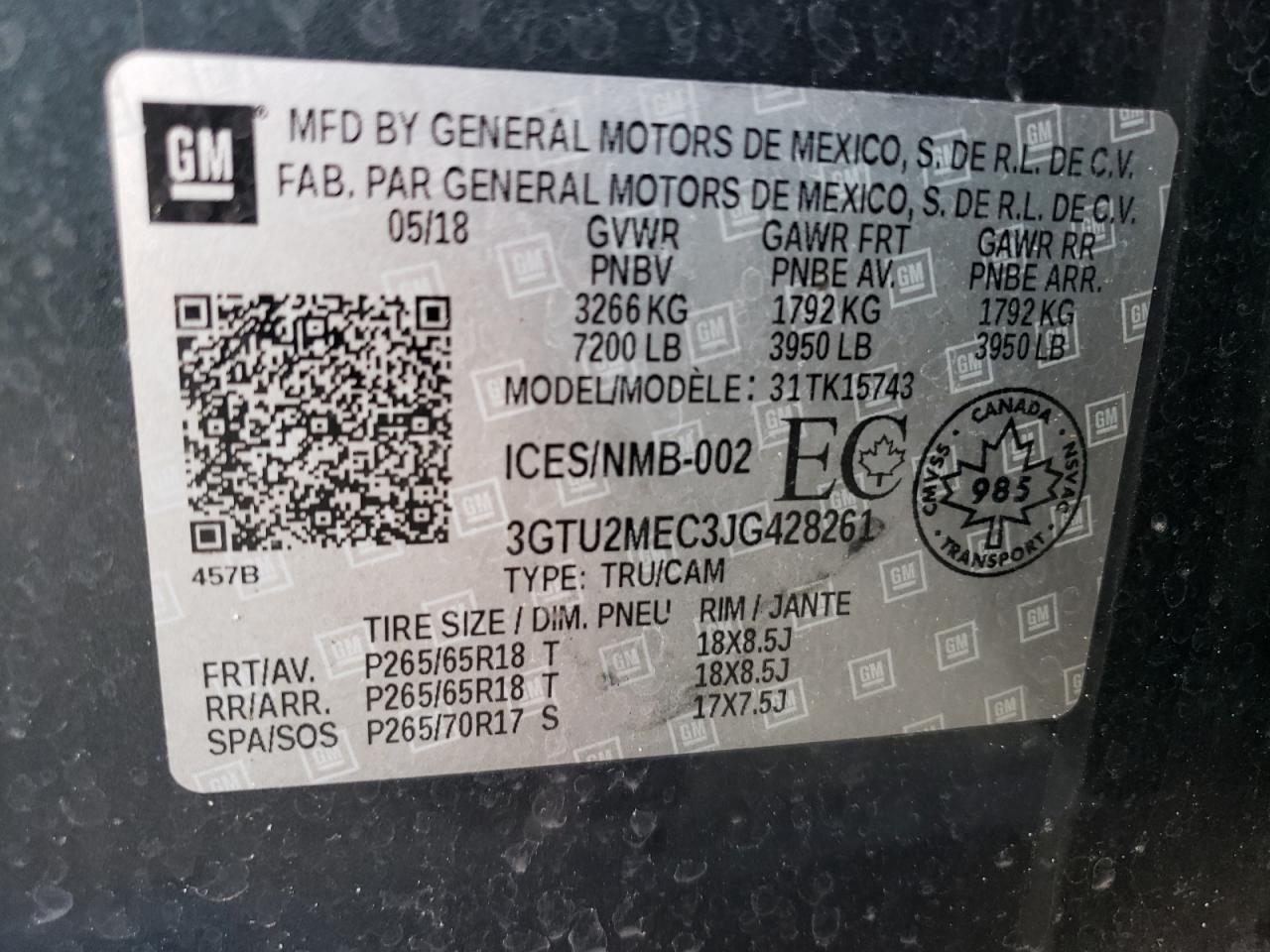 3GTU2MEC3JG428261 2018 GMC Sierra K1500 Sle