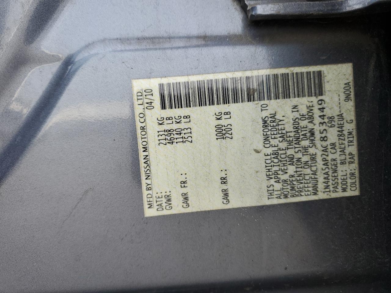 1N4AA5AP2AC853449 2010 Nissan Maxima S