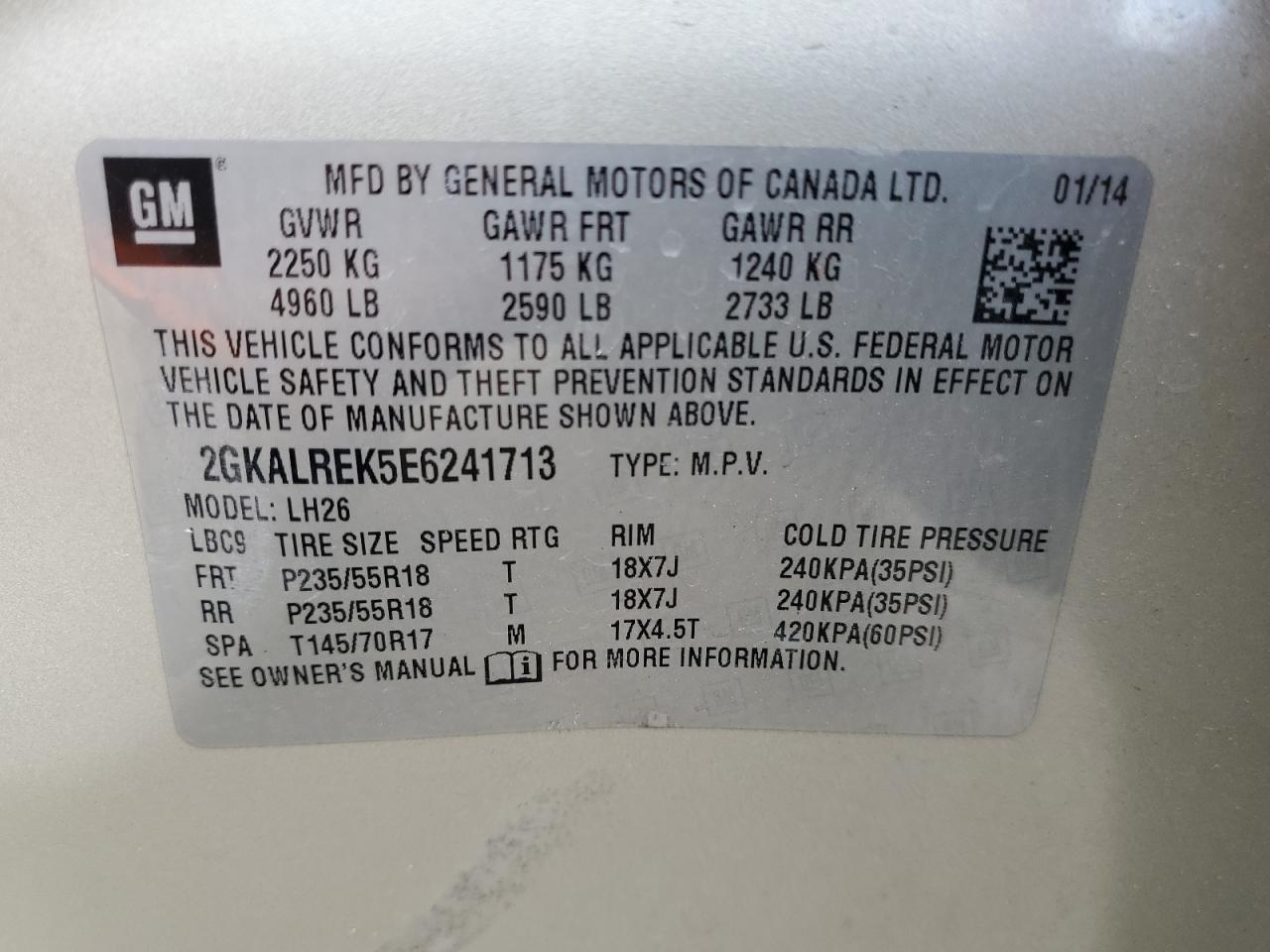 2GKALREK5E6241713 2014 GMC Terrain Sle