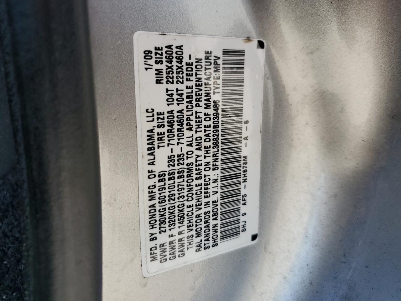 5FNRL38829B039486 2009 Honda Odyssey Touring