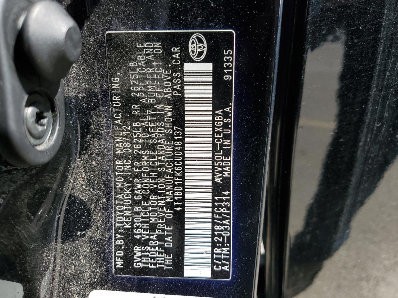 2012 Toyota Camry Hybrid vin: 4T1BD1FK6CU048137