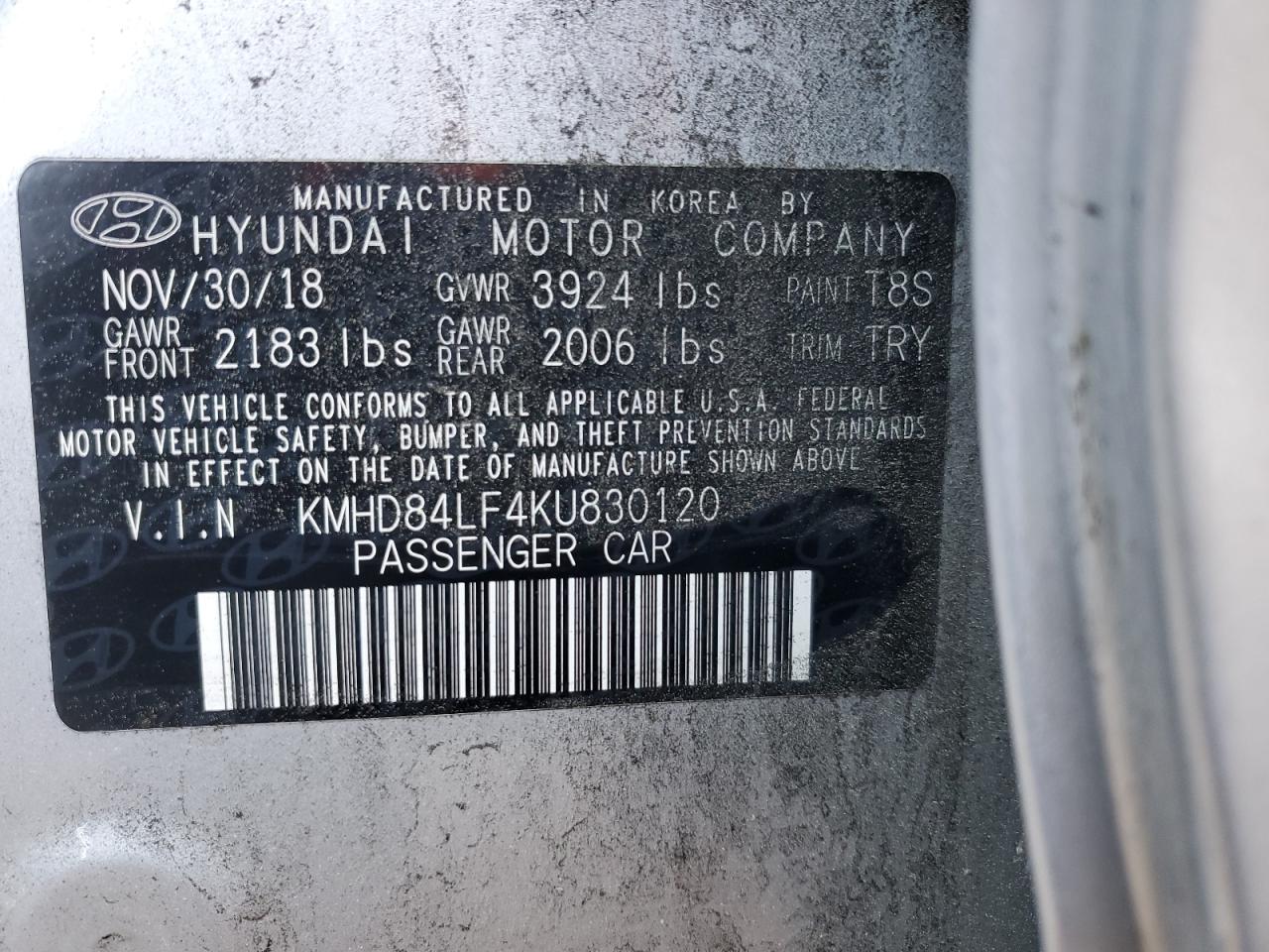 KMHD84LF4KU830120 2019 Hyundai Elantra Sel