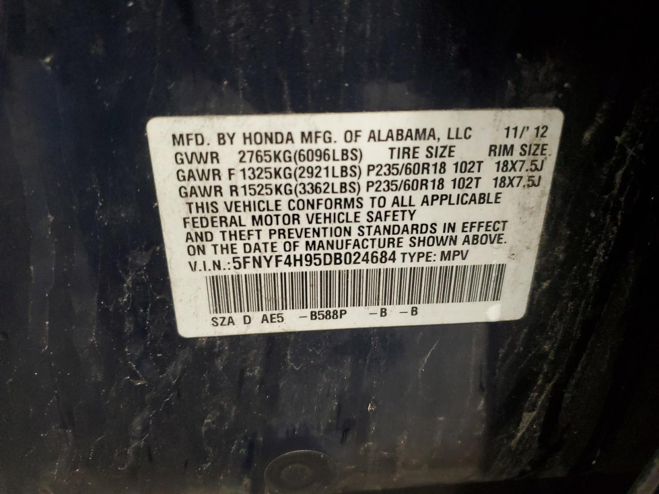 5FNYF4H95DB024684 2013 Honda Pilot Touring