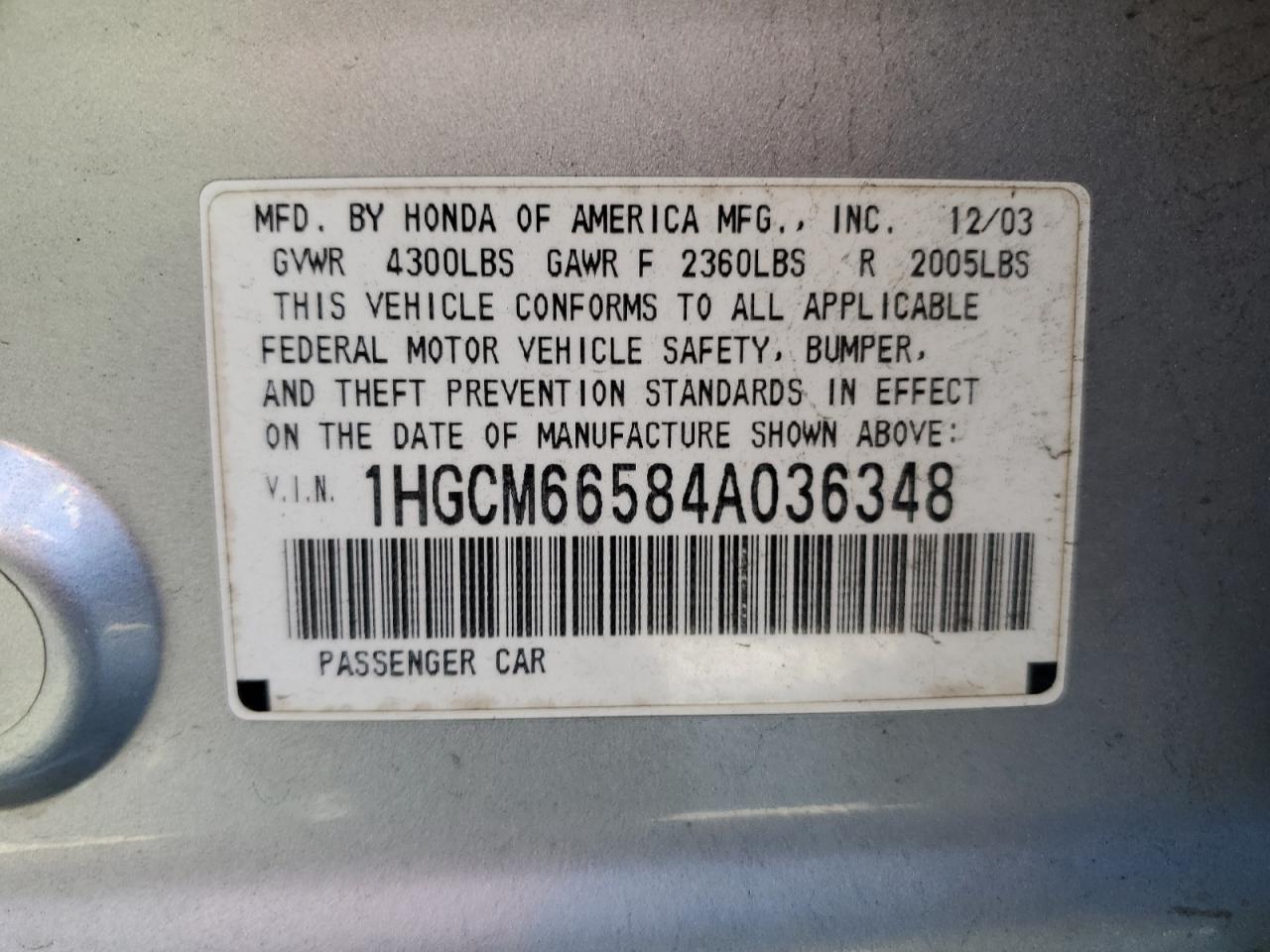 1HGCM66584A036348 2004 Honda Accord Ex