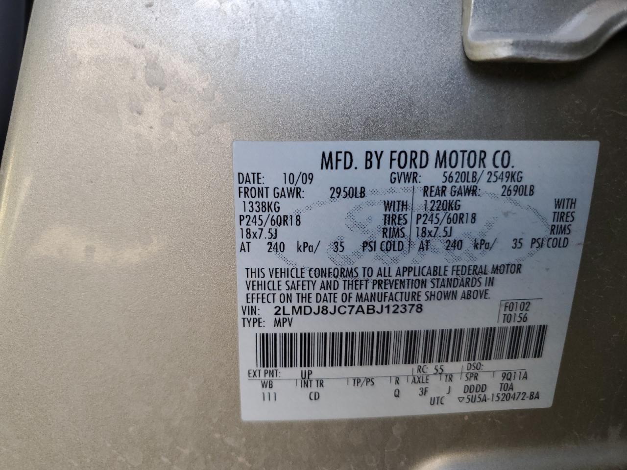 2LMDJ8JC7ABJ12378 2010 Lincoln Mkx