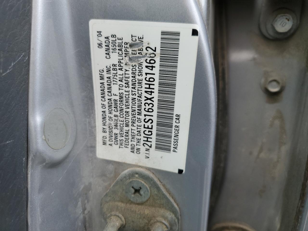 2HGES163X4H614662 2004 Honda Civic Dx Vp