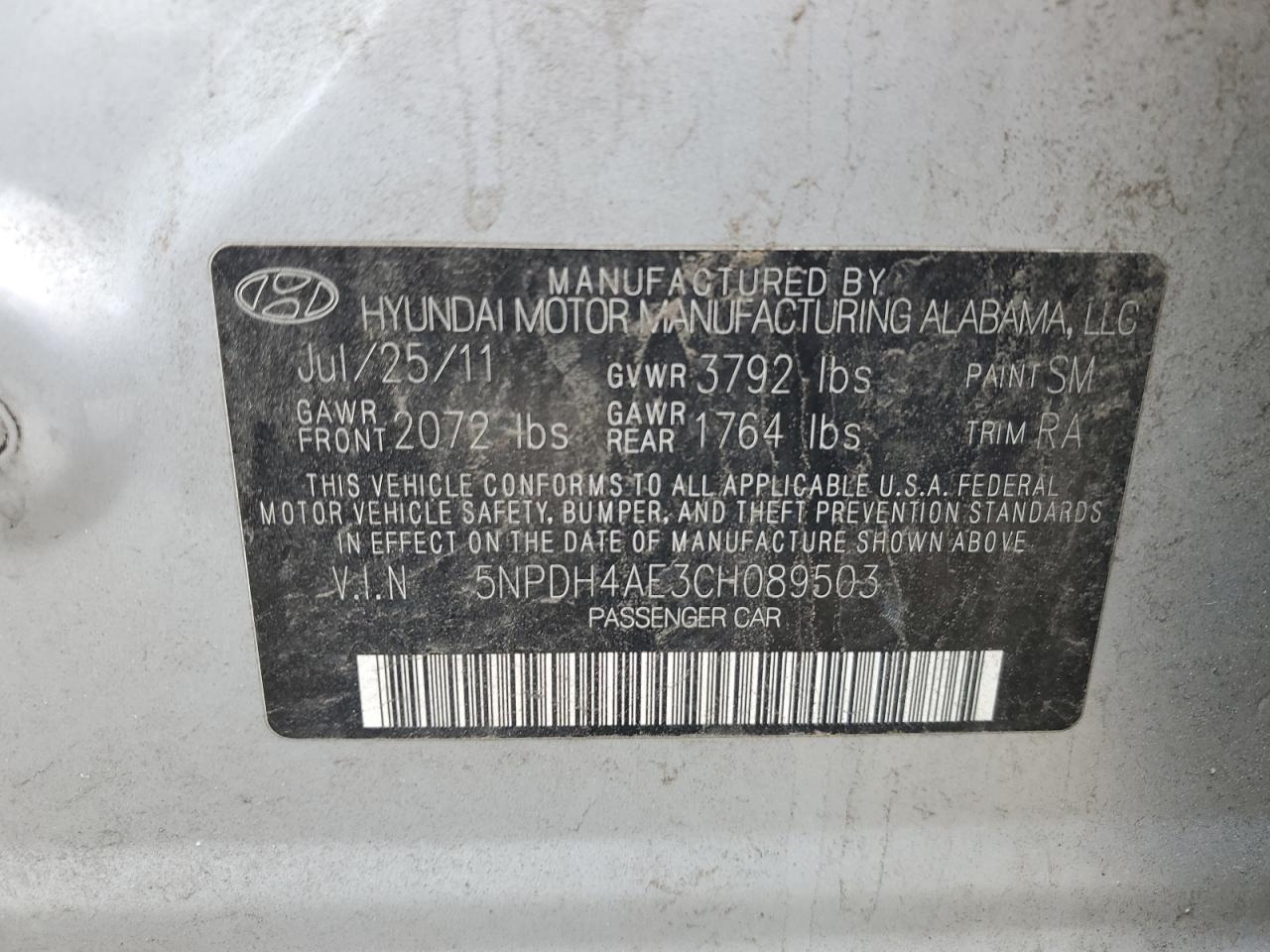 5NPDH4AE3CH089503 2012 Hyundai Elantra Gls