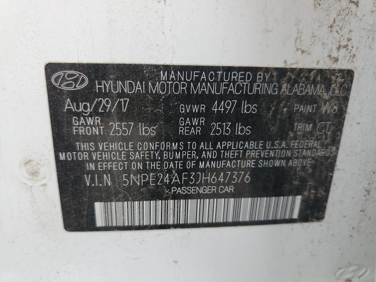 2018 Hyundai Sonata Se vin: 5NPE24AF3JH647376