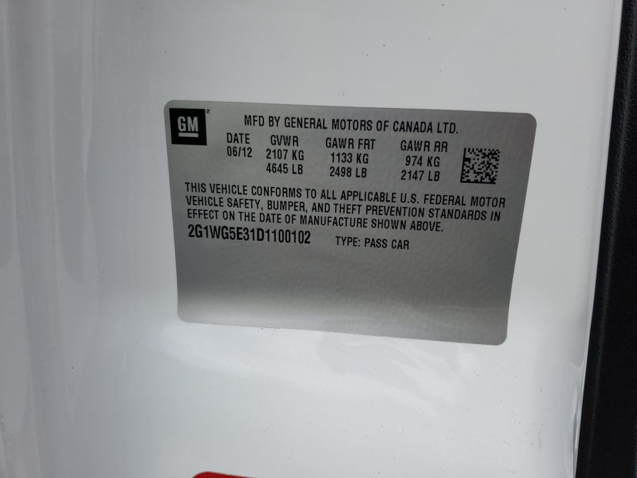 2G1WG5E31D1100102 2013 Chevrolet Impala Lt