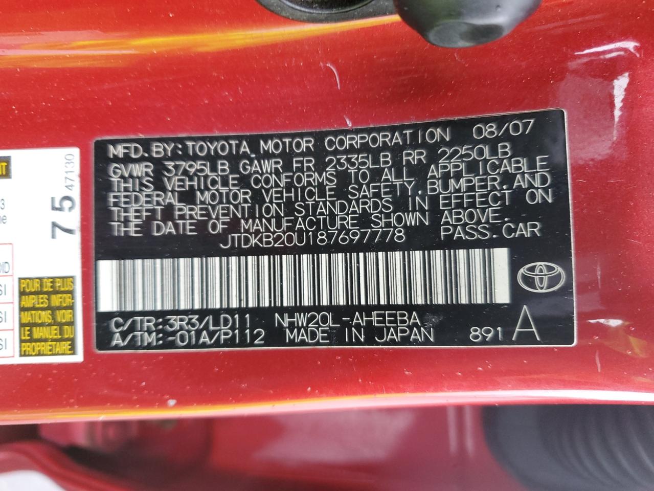 JTDKB20U187697778 2008 Toyota Prius