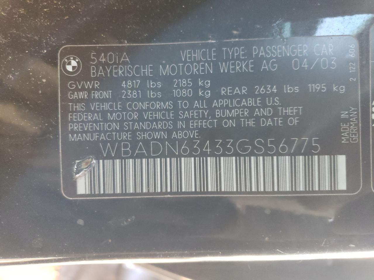 WBADN63433GS56775 2003 BMW 540 I Automatic