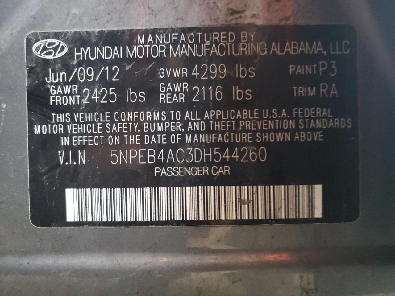 5NPEB4AC3DH544260 2013 Hyundai Sonata Gls