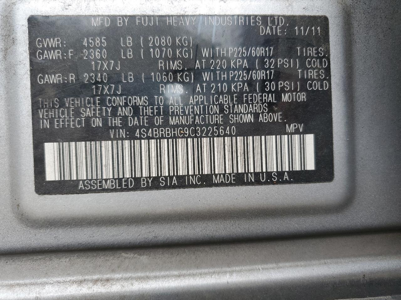 4S4BRBHC9C3225640 2012 Subaru Outback 2.5I Premium