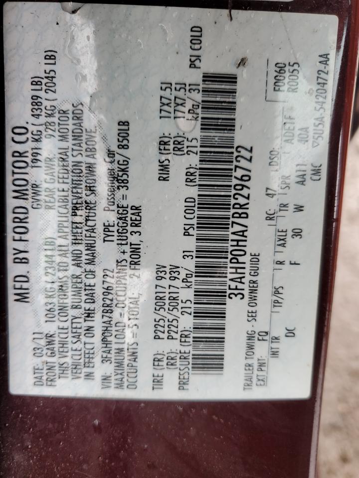 3FAHP0HA7BR296722 2011 Ford Fusion Se