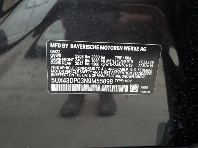 2022 BMW X3 Sdrive30I VIN: 5UX43DP03N9M55898 Lot: 50444714