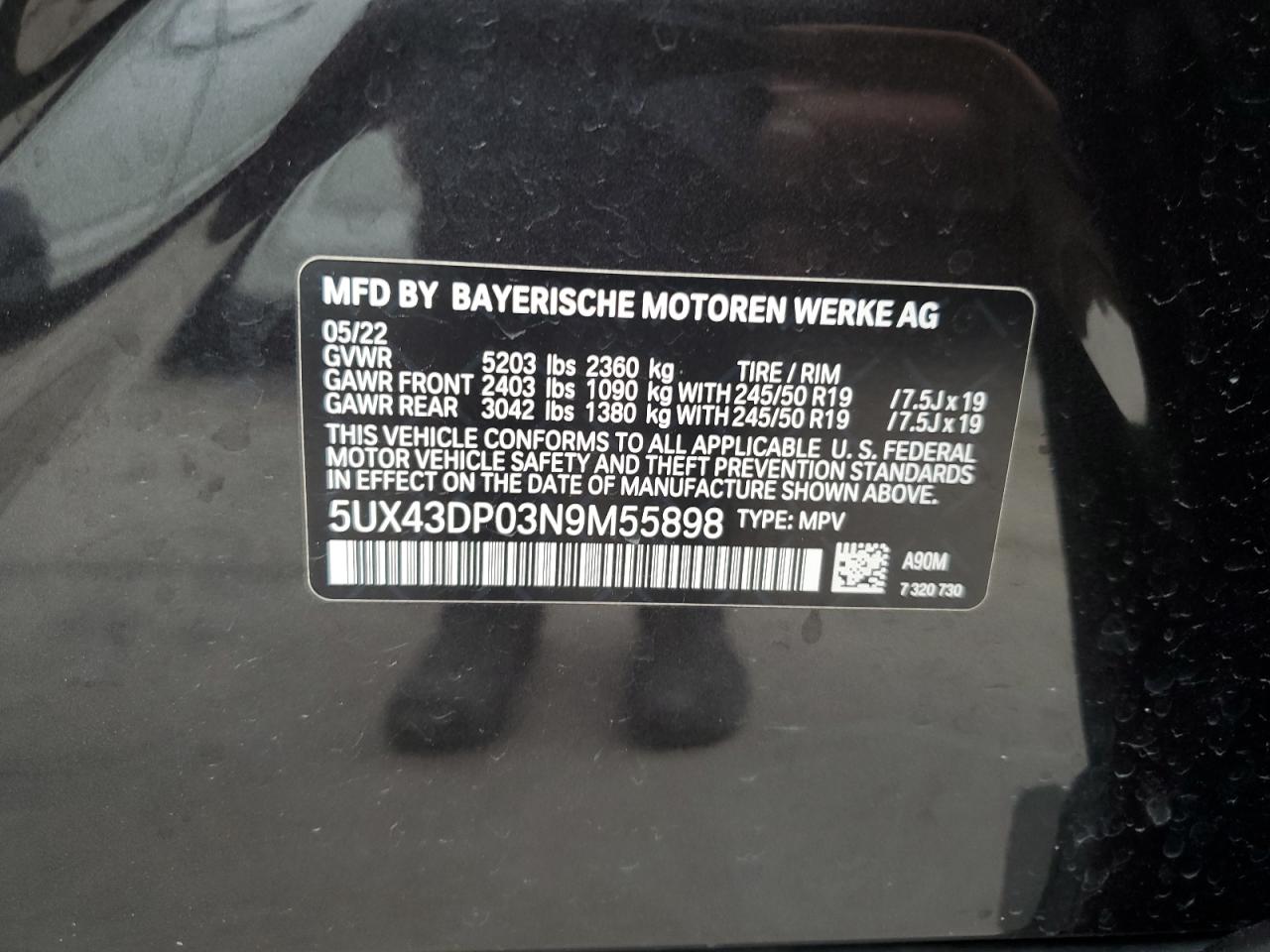 5UX43DP03N9M55898 2022 BMW X3 Sdrive30I