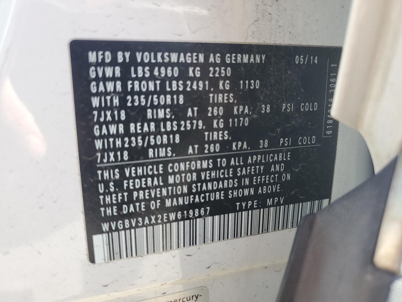 WVGBV3AX2EW619867 2014 Volkswagen Tiguan S