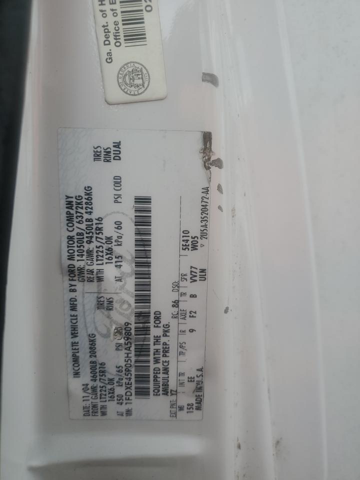 1FDXE45P05HA59809 2005 Ford Econoline E450 Super Duty Cutaway Van